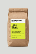 High Trail medium roast whole bean coffee in Outbound's lime label bag